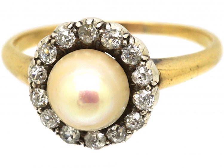 Edwardian 18ct Gold, Natural Pearl & Diamond Cluster Ring