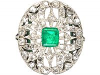 Art Deco Platinum, Emerald & Diamond Ring with Cupid's Arrow Motifs