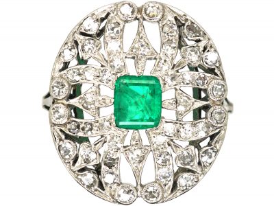 Art Deco Platinum, Emerald & Diamond Ring with Cupid's Arrow Motifs