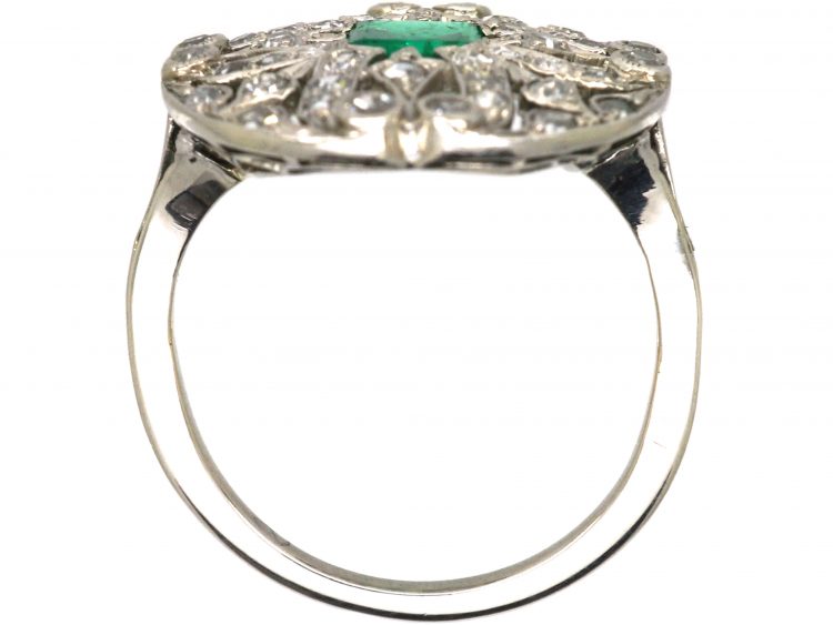 Art Deco Platinum, Emerald & Diamond Ring with Cupid's Arrow Motifs