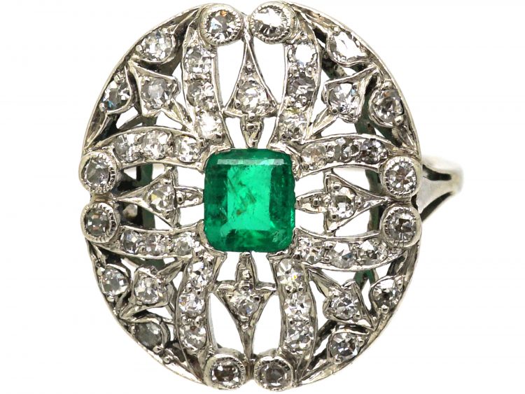 Art Deco Platinum, Emerald & Diamond Ring with Cupid's Arrow Motifs
