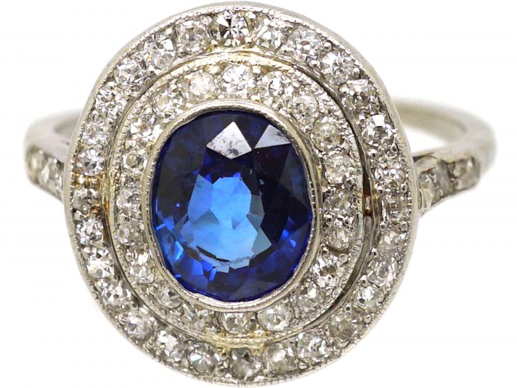 Edwardian Platinum, Sapphire & Diamond Oval Double Cluster Ring