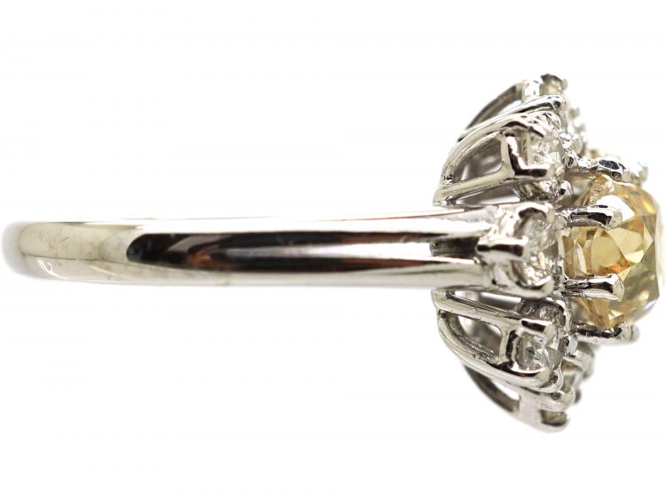 18ct White Gold & Diamond Daisy Cluster Ring with Pale Yellow Diamond in the Centre