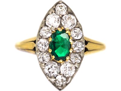 Victorian 18ct Gold Marquise Ring set with an Emerald & Old Mine Cut Diamonds