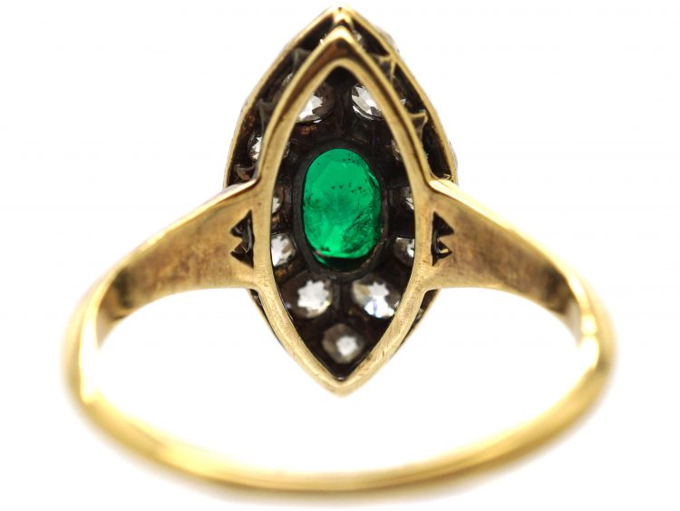 Victorian 18ct Gold Marquise Ring set with an Emerald & Old Mine Cut Diamonds
