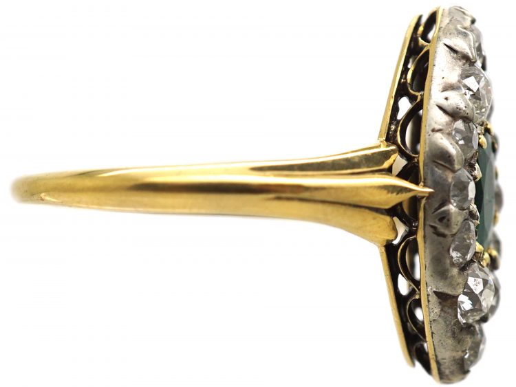 Victorian 18ct Gold Marquise Ring set with an Emerald & Old Mine Cut Diamonds