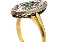 Victorian 18ct Gold Marquise Ring set with an Emerald & Old Mine Cut Diamonds