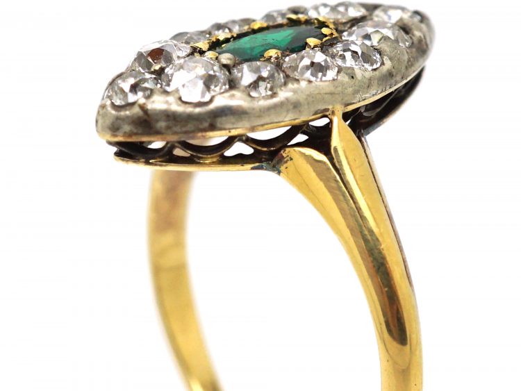 Victorian 18ct Gold Marquise Ring set with an Emerald & Old Mine Cut Diamonds