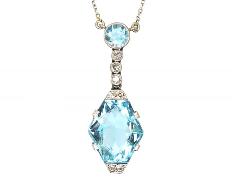 Art Deco Platinum, Aquamarine & Diamond Pendant on Platinum Chain