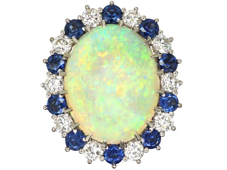 Large 18ct White Gold, Large Opal, Sapphire & Diamond Cluster Ring
