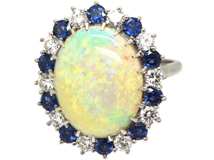 Large 18ct White Gold, Large Opal, Sapphire & Diamond Cluster Ring