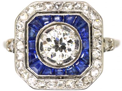 Art Deco Platinum, Old Mine Cut Diamond & Calibre Cut Sapphire Ring