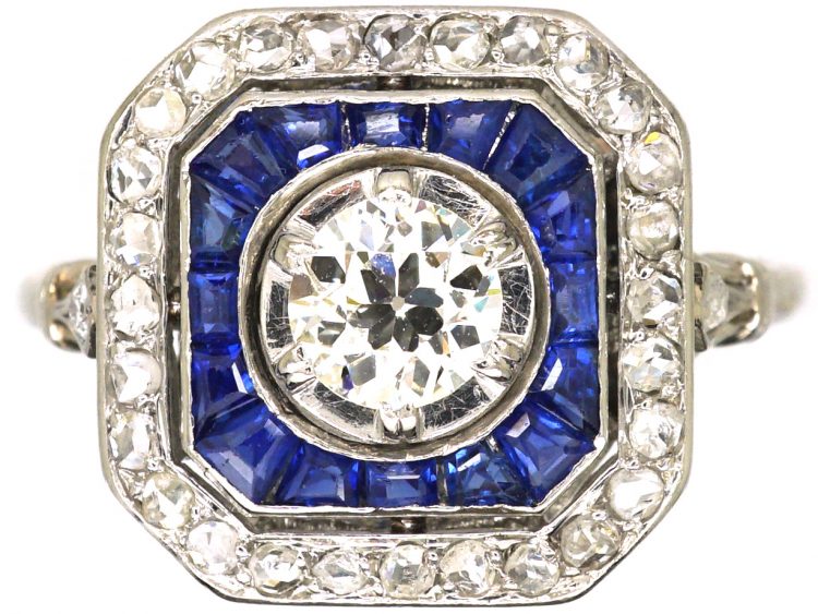 Art Deco Platinum, Old Mine Cut Diamond & Calibre Cut Sapphire Ring