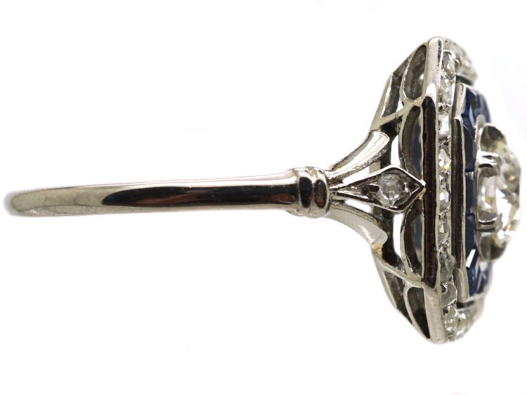 Art Deco Platinum, Old Mine Cut Diamond & Calibre Cut Sapphire Ring
