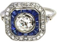 Art Deco Platinum, Old Mine Cut Diamond & Calibre Cut Sapphire Ring