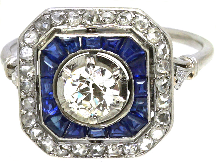 Art Deco Platinum, Old Mine Cut Diamond & Calibre Cut Sapphire Ring