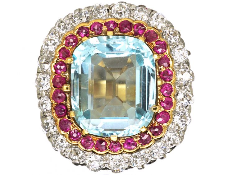 Early 20th Century 14ct Gold & Platinum, Aquamarine Ruby & Diamond Ring