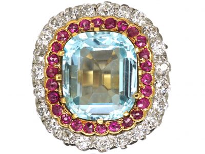 Early 20th Century 14ct Gold & Platinum, Aquamarine Ruby & Diamond Ring