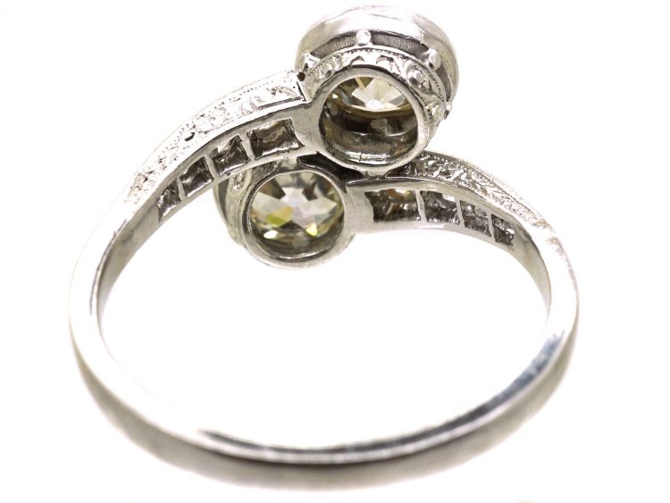 Art Deco Platinum Two Stone Diamond Crossover Ring with Diamond Set Shoulders