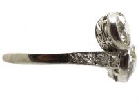 Art Deco Platinum Two Stone Diamond Crossover Ring with Diamond Set Shoulders