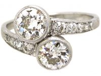 Art Deco Platinum Two Stone Diamond Crossover Ring with Diamond Set Shoulders