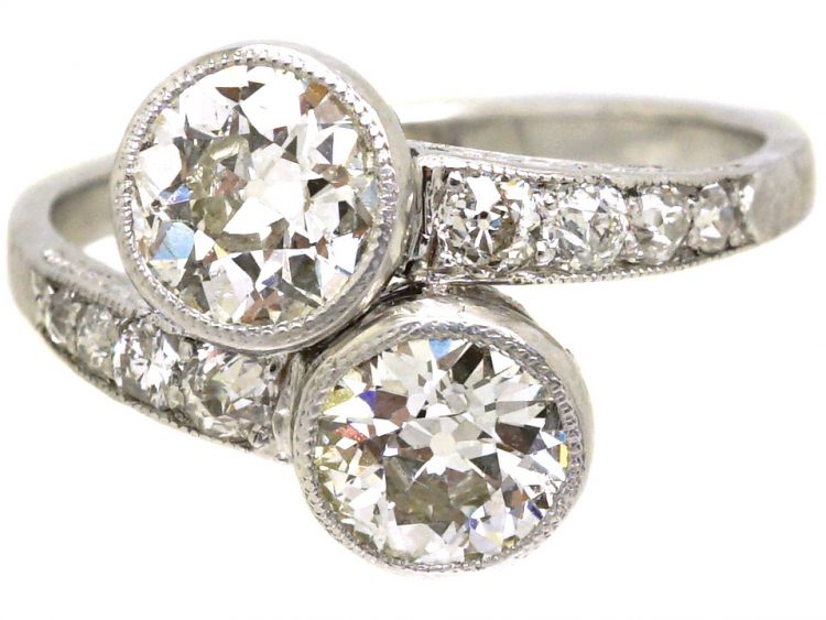 Art Deco Platinum Two Stone Diamond Crossover Ring with Diamond Set Shoulders