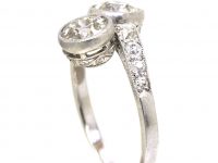 Art Deco Platinum Two Stone Diamond Crossover Ring with Diamond Set Shoulders