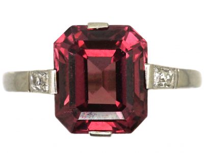 Art Deco 18ct White Gold & Platinum Ring set with a Garnet with Diamond Set Shoulders