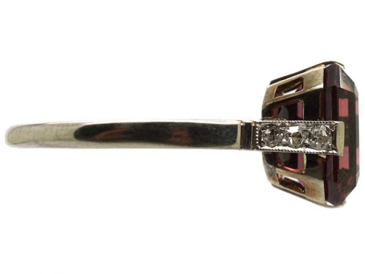 Art Deco 18ct White Gold & Platinum Ring set with a Garnet with Diamond Set Shoulders
