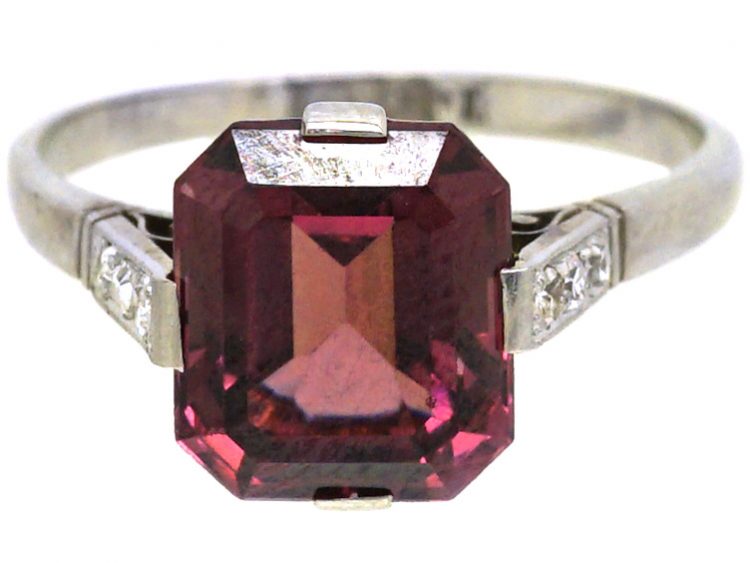 Art Deco 18ct White Gold & Platinum Ring set with a Garnet with Diamond Set Shoulders