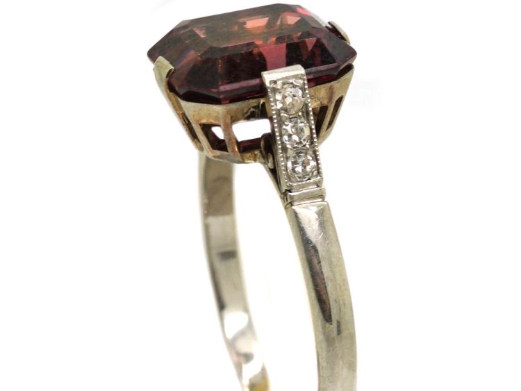 Art Deco 18ct White Gold & Platinum Ring set with a Garnet with Diamond Set Shoulders