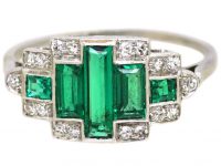 Art Deco Platinum, Emerald & Diamond Geometric Ring