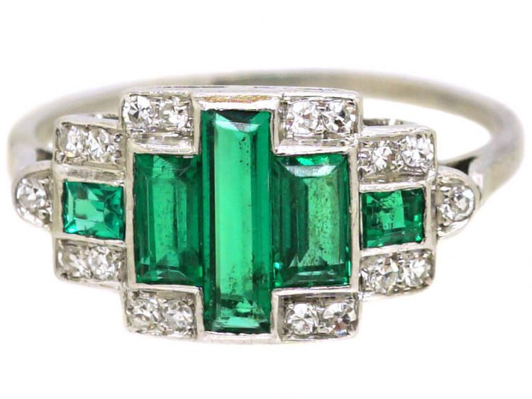 Art Deco Platinum, Emerald & Diamond Geometric Ring