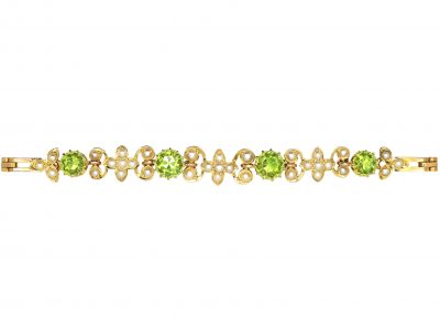 Edwardian 15ct Gold Floral Bracelet set with Peridots & Natural Split Pearls