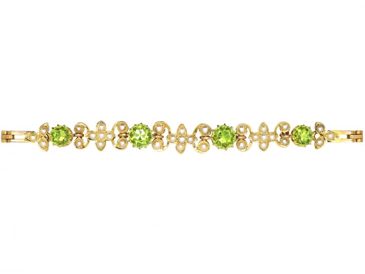 Edwardian 15ct Gold Floral Bracelet set with Peridots & Natural Split Pearls