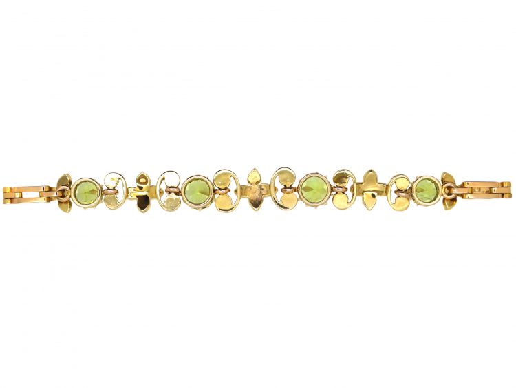 Edwardian 15ct Gold Floral Bracelet set with Peridots & Natural Split Pearls
