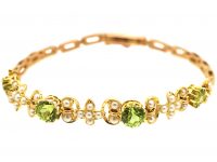 Edwardian 15ct Gold Floral Bracelet set with Peridots & Natural Split Pearls