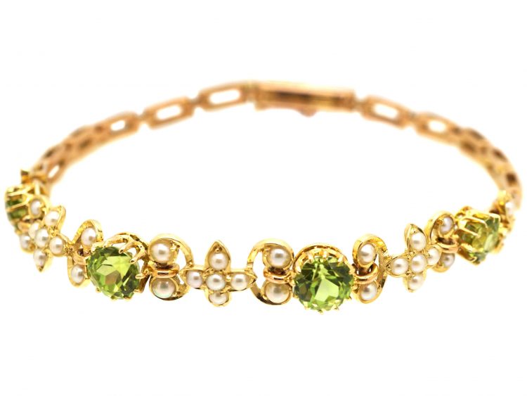 Edwardian 15ct Gold Floral Bracelet set with Peridots & Natural Split Pearls