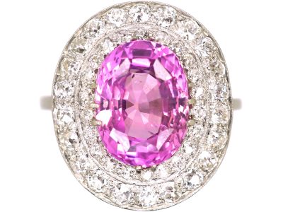Early 20th Century Platinum, Large Pink Sapphire & Diamond Cluster Ring