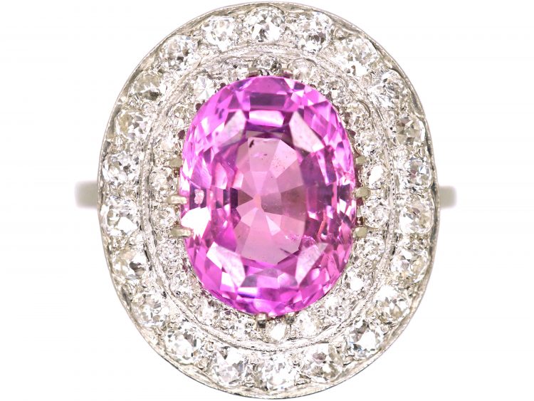 Early 20th Century Platinum, Large Pink Sapphire & Diamond Cluster Ring