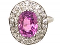 Early 20th Century Platinum, Large Pink Sapphire & Diamond Cluster Ring