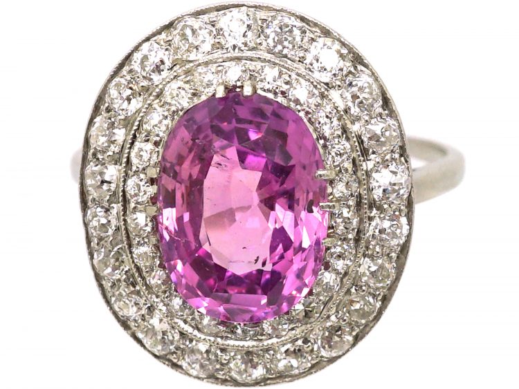 Early 20th Century Platinum, Large Pink Sapphire & Diamond Cluster Ring