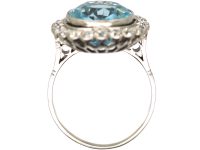 Early 20th Century Large Platinum Aquamarine & Diamond Cluster Ring