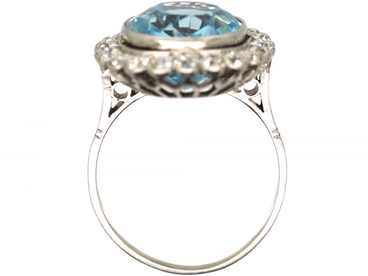 Early 20th Century Large Platinum Aquamarine & Diamond Cluster Ring