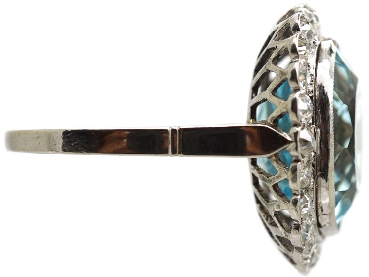 Early 20th Century Large Platinum Aquamarine & Diamond Cluster Ring