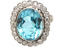 Early 20th Century Large Platinum Aquamarine & Diamond Cluster Ring