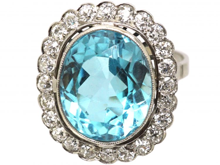 Early 20th Century Large Platinum Aquamarine & Diamond Cluster Ring