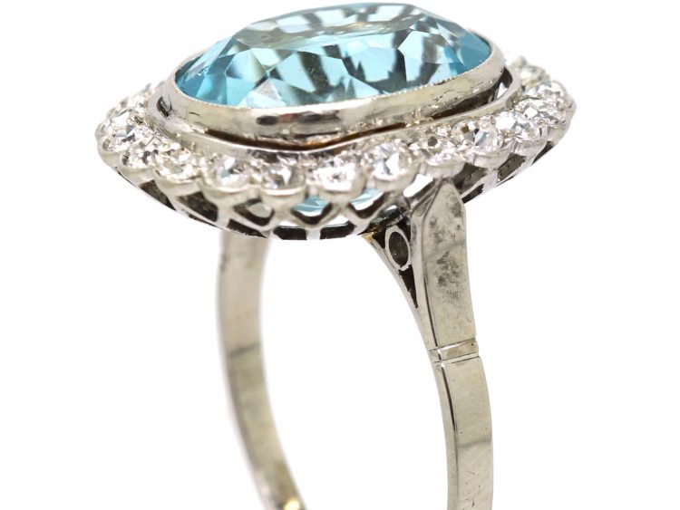 Early 20th Century Large Platinum Aquamarine & Diamond Cluster Ring