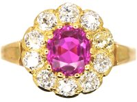 Edwardian 18ct Gold, Pink Sapphire & Diamond Cluster Ring