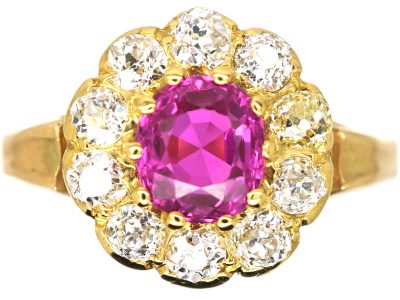 Edwardian 18ct Gold, Pink Sapphire & Diamond Cluster Ring